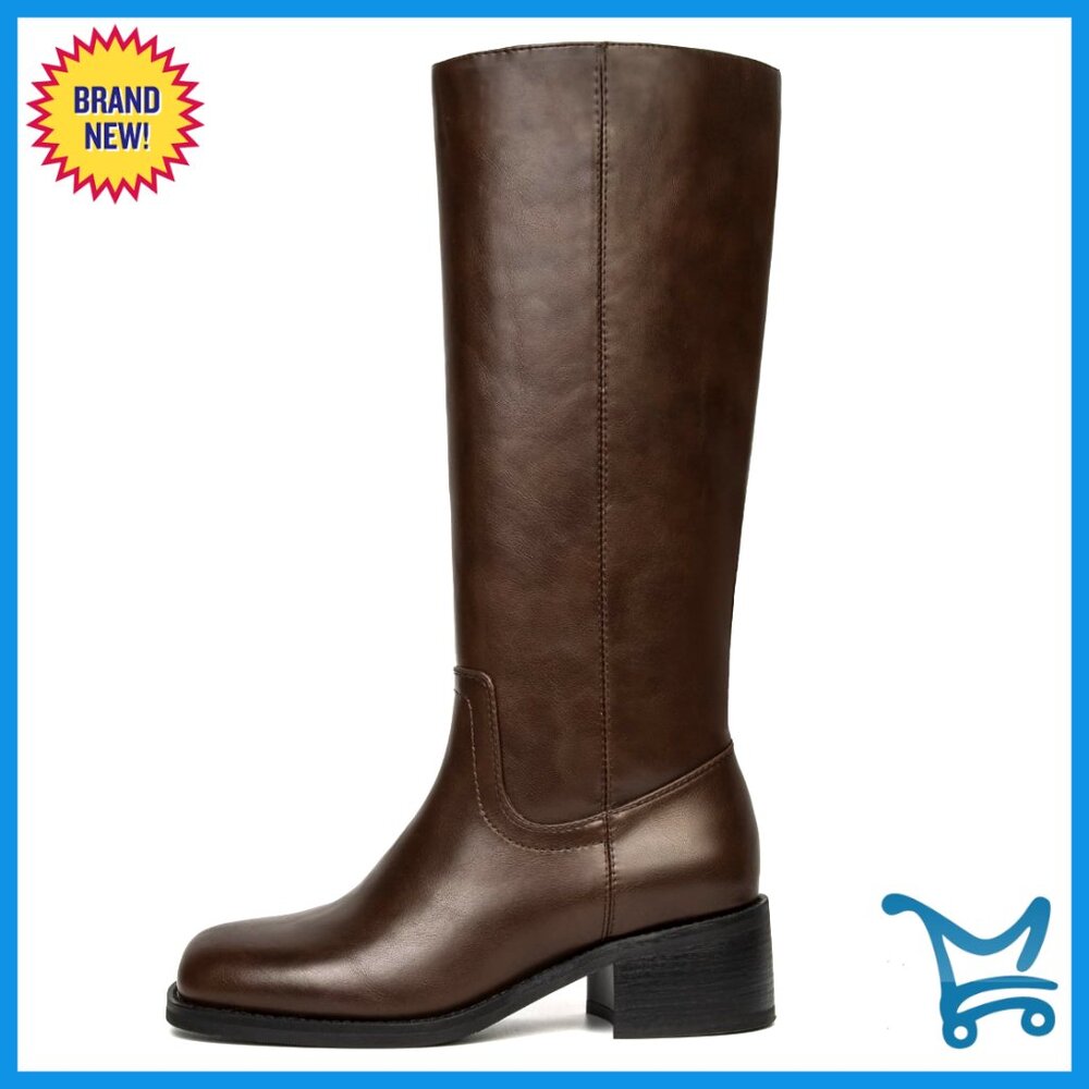 Knee High Riding Boots Square Toe Chunky Block Heel Wide Calf Pull On